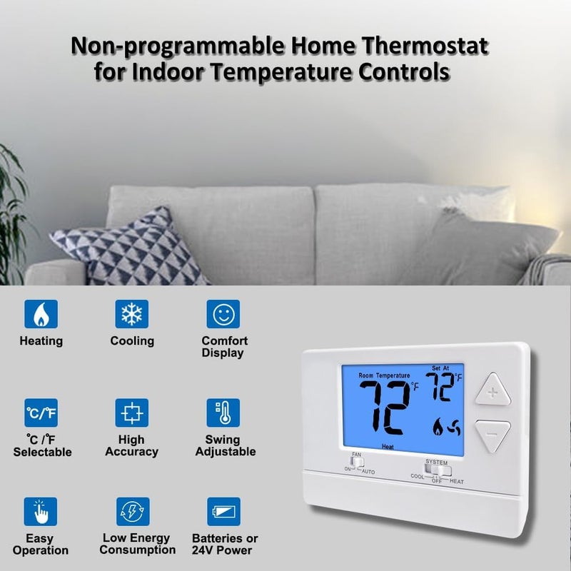 Miuputake NonProgrammable Thermostat for House, Digital Energy-Saving Thermostat,Single-Stage Systems, 1 Heat/1 Cool, Easy DIY Install, Blue Backlight - Image 2
